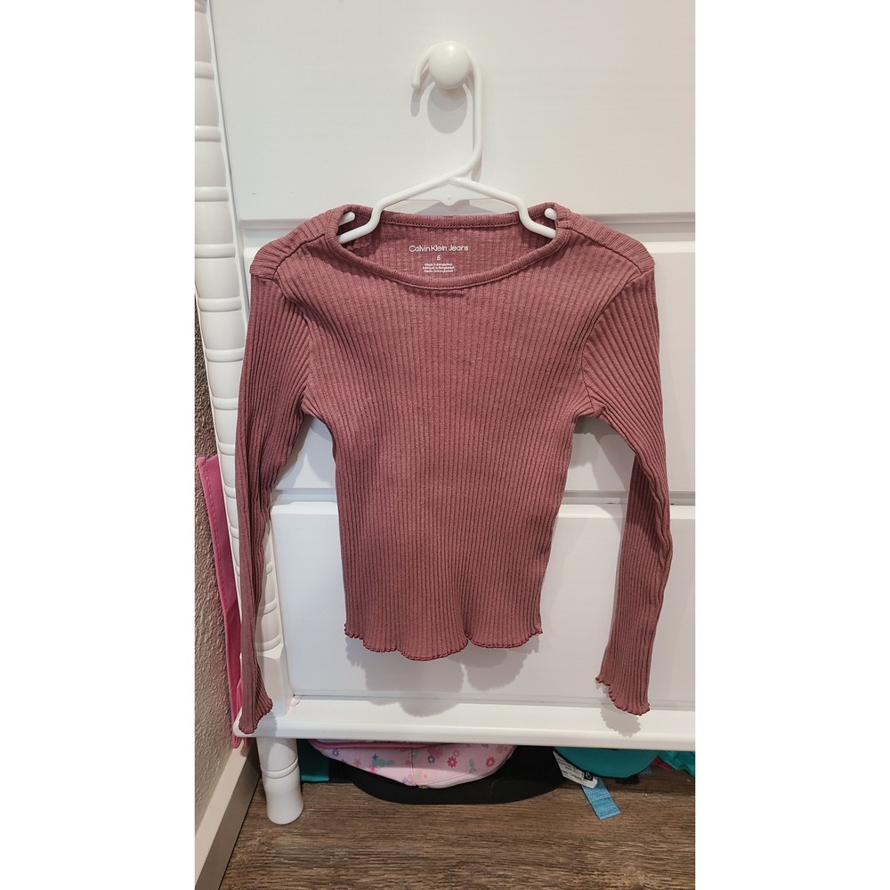 Calvin Klein Jeans Girls Size 6 Ribbed Long Sleeve Lettuce Edge Top Mauve Pink